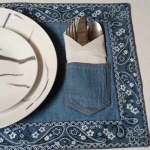 Blue Denim Placemat with Cutlery Pocket Two Sided 6pc